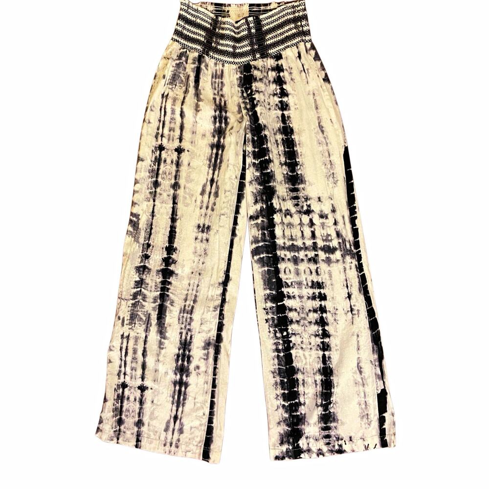 Rewash Women Boho Black White Tie-Dye Wide-Leg Pants Smocked Elastic Waist M
